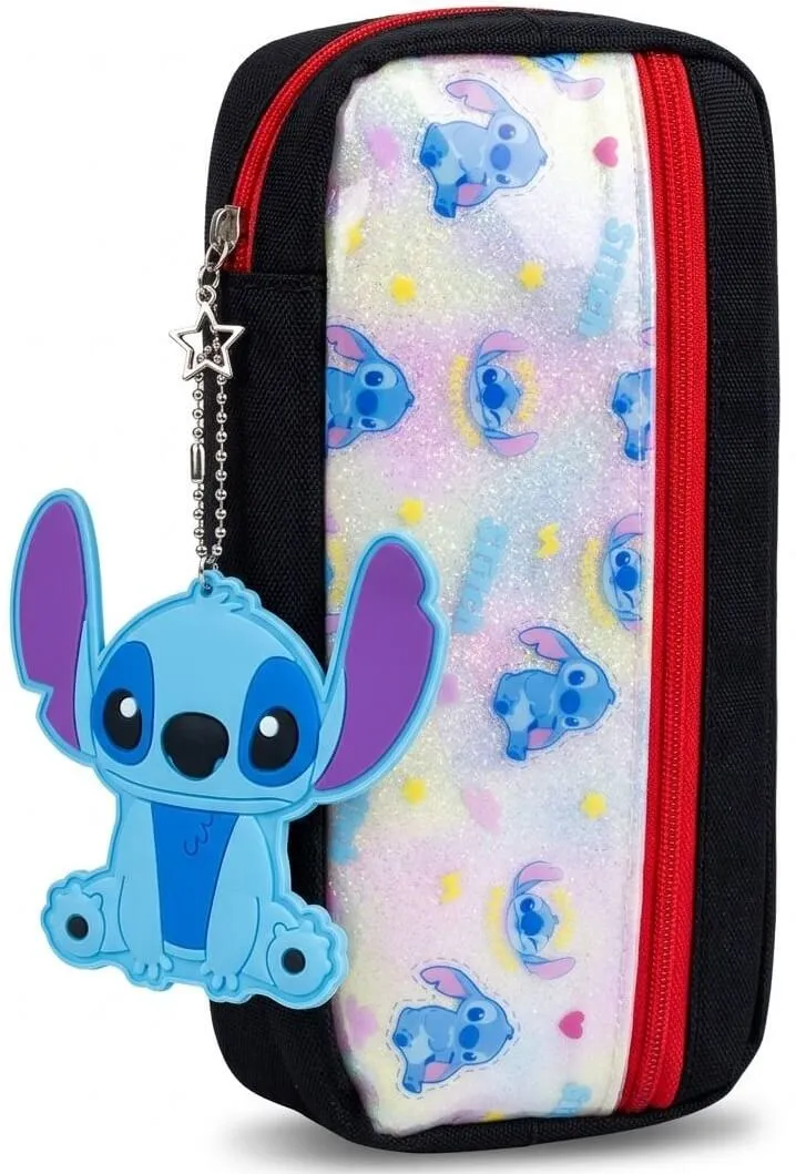 محفظة مدرسية قماش جليتر بتصميم ستيتش Stitch مع ميدالية سيليكون كبيرة - أسود وأحمر