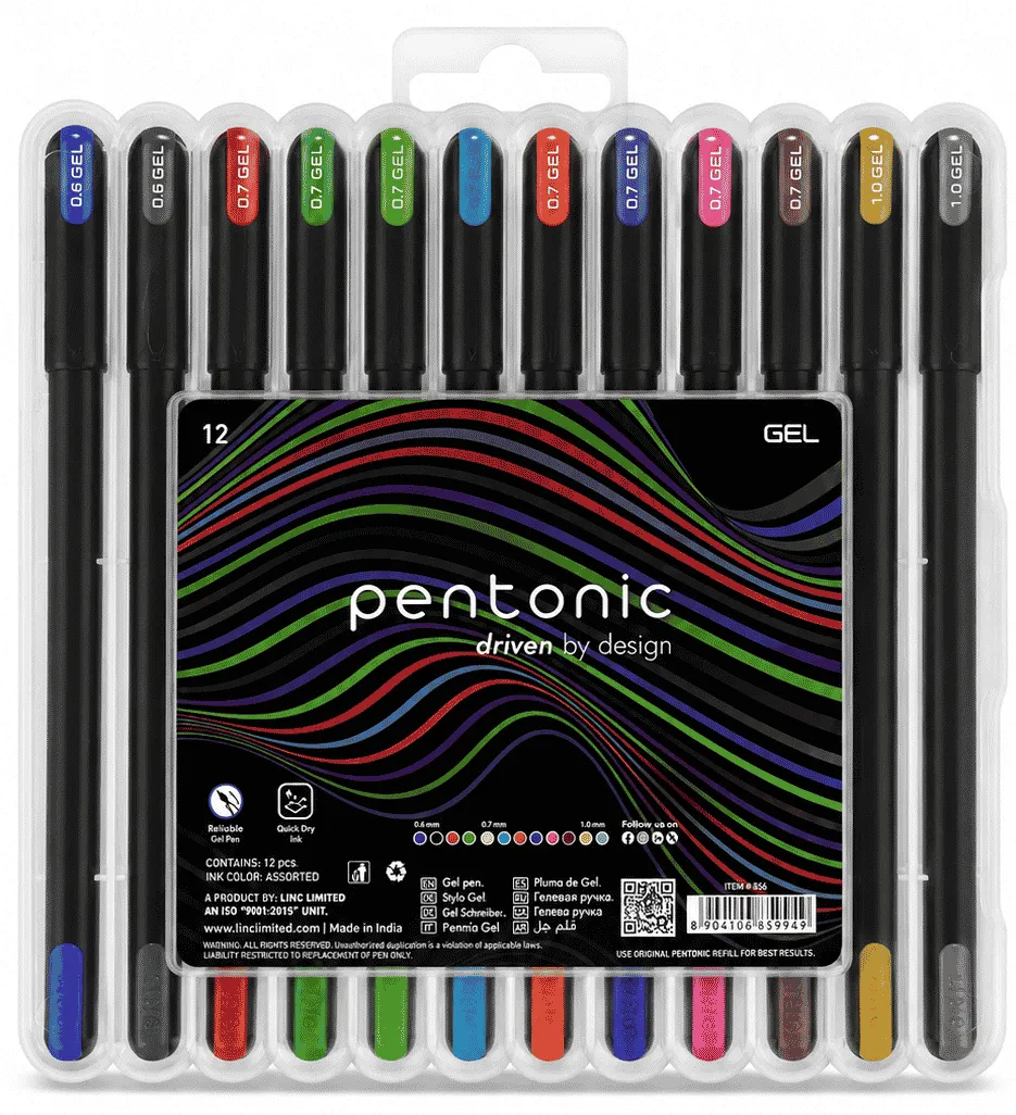 سيت أقلام جيل ألوان متعددة بنتونيك Pentonic من لينك Linc - 12 قلم بحافظة بلاستيكية