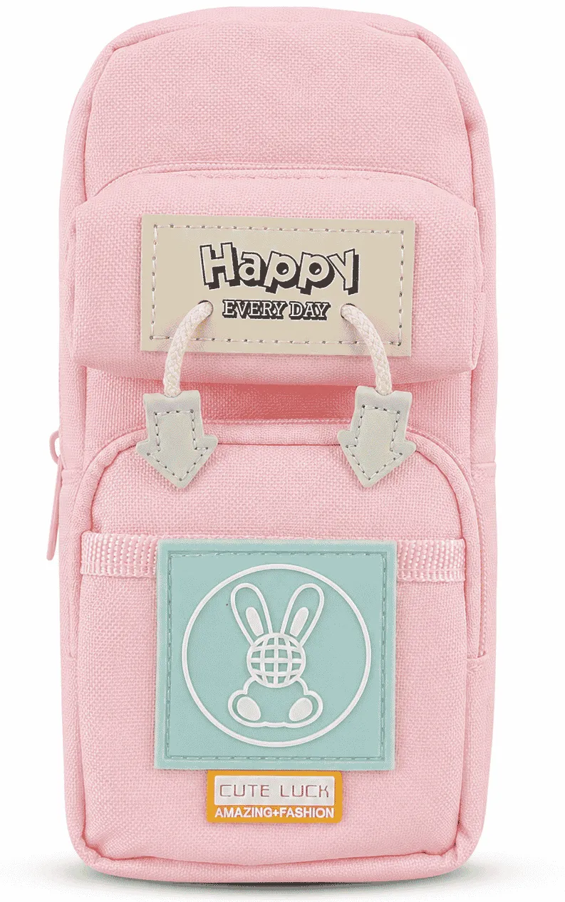 محفظة مدرسية قماشية متعددة الجيوب بتصميم أرنب Cute Luck وشعار Happy Every Day