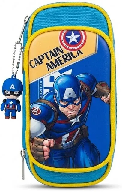 محفظة مدرسية مقسمة بتصميم كابتن أمريكا Captain America مع ميدالية مجسمة 3D - أزرق وأصفر