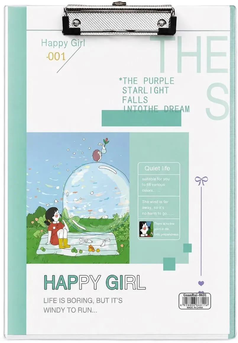 لوح كتابة أكرليك شفاف (كليب بورد) بتصميم Happy Girl مع مسطرة جانبية وماسك معدني GuanRui-8631 - أخضر نعناعي