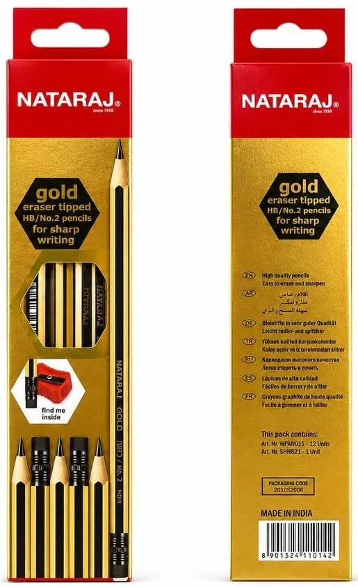 قلام رصاص ناتاراج Nataraj Gold مع ممحاة وبراية مدمجة بدرجة HB / No.2 - علبة 12 قلم