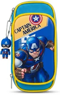 محفظة مدرسية مقسمة بتصميم كابتن أمريكا Captain America مع ميدالية مجسمة 3D - أزرق وأصفر