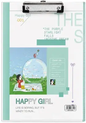 لوح كتابة أكرليك شفاف (كليب بورد) بتصميم Happy Girl مع مسطرة جانبية وماسك معدني GuanRui-8631 - أخضر نعناعي