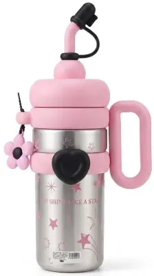 مطارة ماء حرارية ستانلس ستيل مع قصبه ومقبض وردي وفضي نجوم